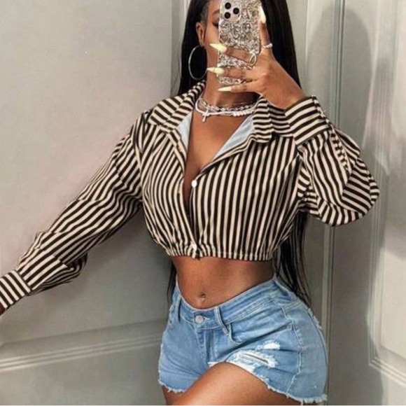 Tan w/ Black Stripes Crop Top - Picture 3 of 5